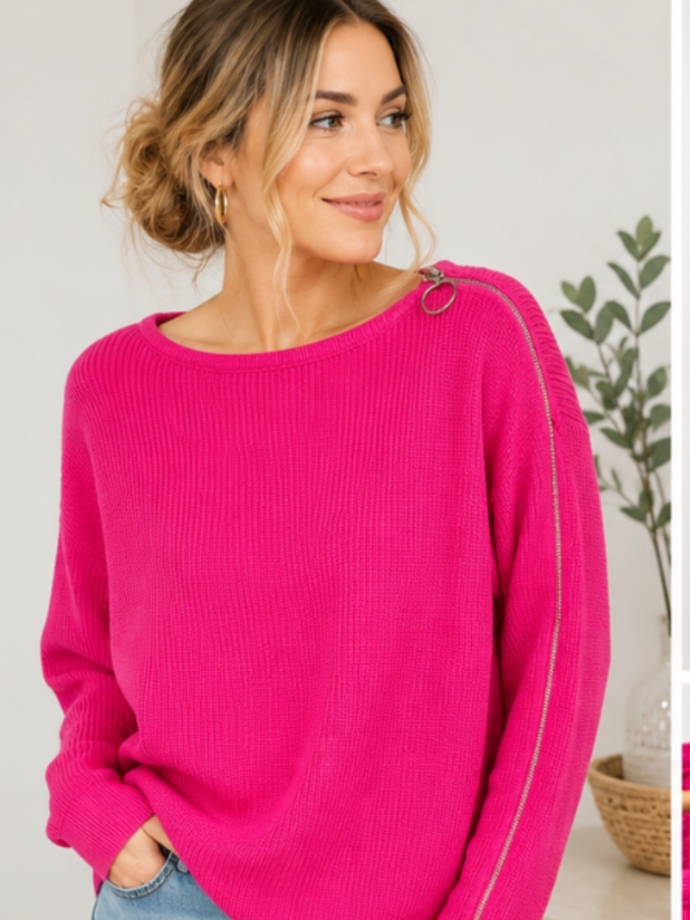 Bar III Pink Zip Sleeve Ribbed Sweater XL Barbiecore Pullover Y2K style